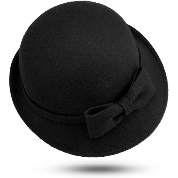 Fedoras Women's 100% Wool Felt Round Top Cloche Hat Fedoras Trilby with Bow Band - Black 2 - CC12O6KGBF1 $64.61