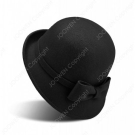 Fedoras Women's 100% Wool Felt Round Top Cloche Hat Fedoras Trilby with Bow Band - Black 2 - CC12O6KGBF1 $43.07