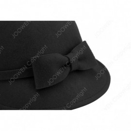 Fedoras Women's 100% Wool Felt Round Top Cloche Hat Fedoras Trilby with Bow Band - Black 2 - CC12O6KGBF1 $43.07