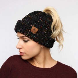 Skullies & Beanies Confetti Sparkle Knitted Ponytail Beanie with Stretch Cable on top for Messy Bun - Black - C118K0SDXWM $12.37