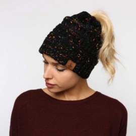 Skullies & Beanies Confetti Sparkle Knitted Ponytail Beanie with Stretch Cable on top for Messy Bun - Black - C118K0SDXWM $12.37