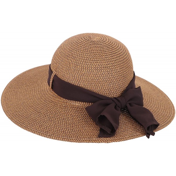 Sun Hats Womens Summer Sun Beach Hat Big Bowknot Wide Brim Straw Hat UPF 50+ - Brown - C918CO9W69A $15.07