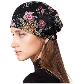 Skullies & Beanies Floral Lace Beanie Hat Chemo Cap Stretch Slouchy Turban Headwear - Rose Black - CV18CEDH2UU $10.76