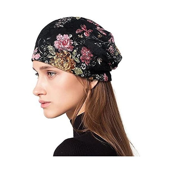 Skullies & Beanies Floral Lace Beanie Hat Chemo Cap Stretch Slouchy Turban Headwear - Rose Black - CV18CEDH2UU $10.76