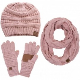 Skullies & Beanies 3pc Set Trendy Warm Chunky Soft Stretch Cable Knit Beanie Scarves Gloves Set - Rose - CB187GQY8S9 $52.68