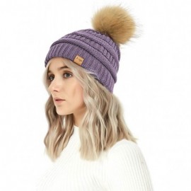 Skullies & Beanies Cable Knit Pom Pom Beanie Womens Winter Warm Faux Fur Pompoms Bobble Ski Hat Cap - Grape - CJ18K4ZOE3W $18.69