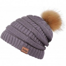 Skullies & Beanies Cable Knit Pom Pom Beanie Womens Winter Warm Faux Fur Pompoms Bobble Ski Hat Cap - Grape - CJ18K4ZOE3W $10.86