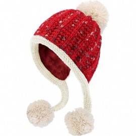 Skullies & Beanies Women Winter Peruvian Beanie Hat Ski Cap Fleece Lined Ear Flaps Dual Layered Pompoms - A31-8259-red - CW18...