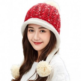 Skullies & Beanies Women Winter Peruvian Beanie Hat Ski Cap Fleece Lined Ear Flaps Dual Layered Pompoms - A31-8259-red - CW18...