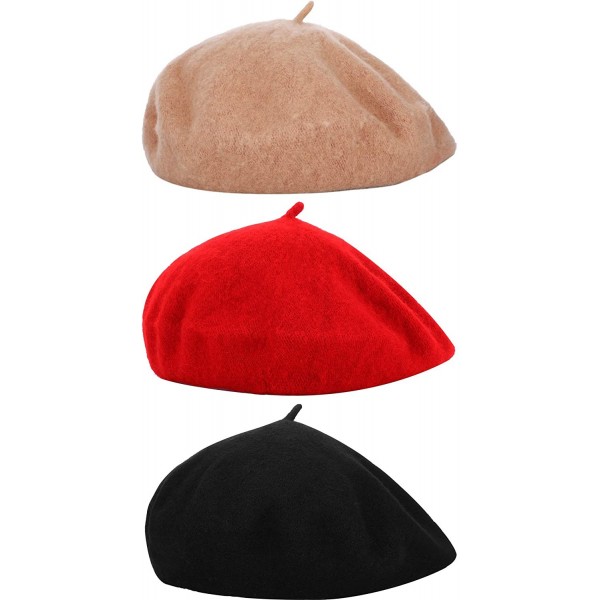 Berets 3 Pieces Women Beret Hats French Style Berets Wool Beret Winter Beret Cap - Black- Camel Color- Red - CH18XQ0CU64 $11.05