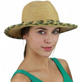 Sun Hats Two Tone Braided Trim Paper Woven Panama Fedora Summer Sun Hat - Natural/Olive - CC17YIX4LRA $21.02