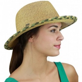 Sun Hats Two Tone Braided Trim Paper Woven Panama Fedora Summer Sun Hat - Natural/Olive - CC17YIX4LRA $18.33
