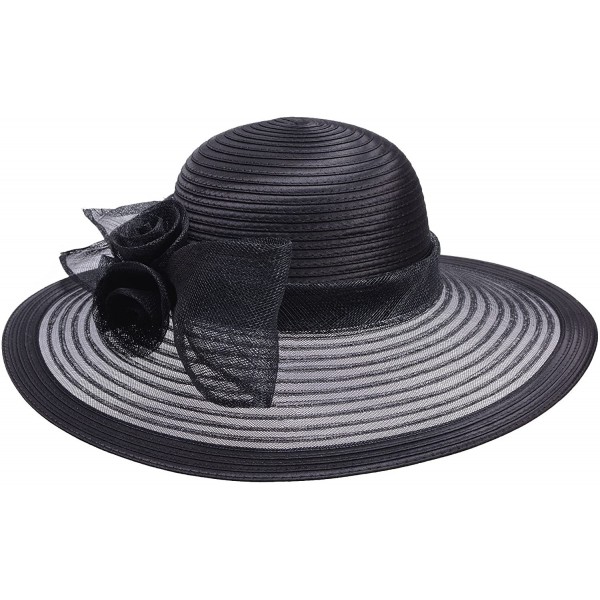 Sun Hats Women Solid Color Sinamay Wide Brim Sun Hat Dress Flower Bow A435 - Black - CP17Z6K0Y6K $21.66