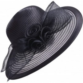 Sun Hats Women Solid Color Sinamay Wide Brim Sun Hat Dress Flower Bow A435 - Black - CP17Z6K0Y6K $21.66