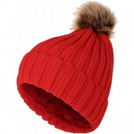 Skullies & Beanies Fleece Ribbed Knit Pom Beanie Winter Hat Slouchy Cap CZP0011 - Red - CQ18KL9UL8I $11.08
