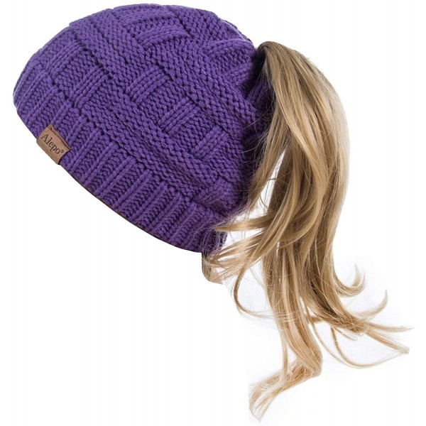 Skullies & Beanies Womens High Messy Bun Beanie Hat with Ponytail Hole- Winter Warm Trendy Knit Ski Skull Cap - Purple - C818...