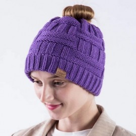 Skullies & Beanies Womens High Messy Bun Beanie Hat with Ponytail Hole- Winter Warm Trendy Knit Ski Skull Cap - Purple - C818...