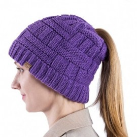 Skullies & Beanies Womens High Messy Bun Beanie Hat with Ponytail Hole- Winter Warm Trendy Knit Ski Skull Cap - Purple - C818...