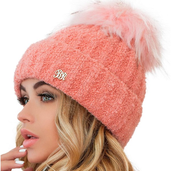 Skullies & Beanies Women Pom Pom Beanie - Winter Warm Faux Fur Pom-pom Skull Hat - Wool Snow Fleece Ski Cap - Flamingo - C218...