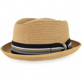 Fedoras Belfry Men/Women Summer Straw Pork Pie Trilby Fedora Hat in Blue- Tan- Black - Tan - C218CT4Z2TA $46.28