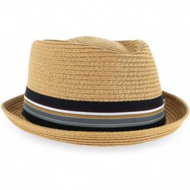 Fedoras Belfry Men/Women Summer Straw Pork Pie Trilby Fedora Hat in Blue- Tan- Black - Tan - C218CT4Z2TA $46.28