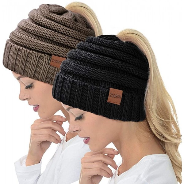 Skullies & Beanies Ponytail Beanie Hat for Women- High Messy Warm Stretch Cable Knit Winter Ponytail Beanie Skull Cap - CY18Z...
