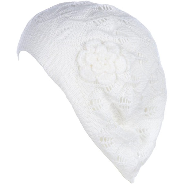 Berets Open Weave Womens Crochet Mesh Beanie Hat Flower Fashion Soft Knit Beret Cap - 2680white - CQ194WWQ0Z2 $10.89