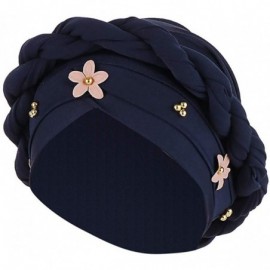 Skullies & Beanies Muslim Hat Pleated Twist Turbans for Women African Printing India Chemo Cap Flower Headwrap - Navy - C818W...