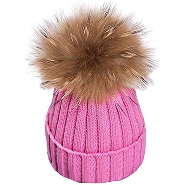 Skullies & Beanies Womens Girls Warm Winter Raccoon Fur Pom Pom Ball Knit Beanie Skull Hat - Pink - CF1895RTK9G $10.89