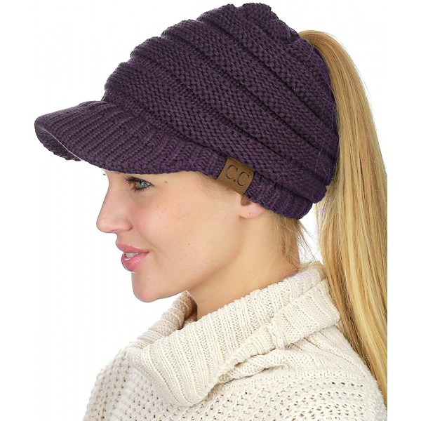 Skullies & Beanies BeanieTail Warm Knit Messy High Bun Ponytail Visor Beanie Cap- Dark Purple - C218GRWMA6I $15.78