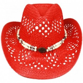 Cowboy Hats Silver Fever Ombre Woven Straw Cowboy Hat with Cut-Outs-Beads- Chin Strap - Red- Beaded - CK184XL8EM2 $42.22