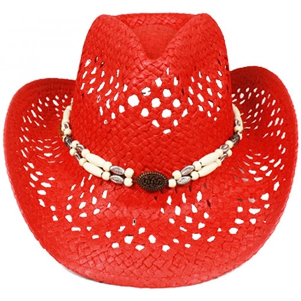 Cowboy Hats Silver Fever Ombre Woven Straw Cowboy Hat with Cut-Outs-Beads- Chin Strap - Red- Beaded - CK184XL8EM2 $17.12