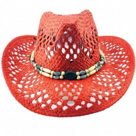 Cowboy Hats Silver Fever Ombre Woven Straw Cowboy Hat with Cut-Outs-Beads- Chin Strap - Red- Beaded - CK184XL8EM2 $17.12