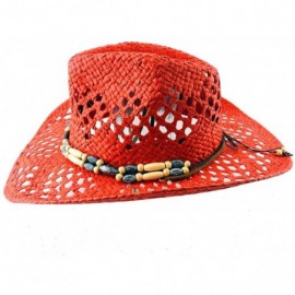 Cowboy Hats Silver Fever Ombre Woven Straw Cowboy Hat with Cut-Outs-Beads- Chin Strap - Red- Beaded - CK184XL8EM2 $17.12