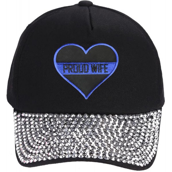 Baseball Caps Proud Wife Hat - Adjustable Black Cap Womens - Black Rhinestone - CA18CXK6L6G $27.91