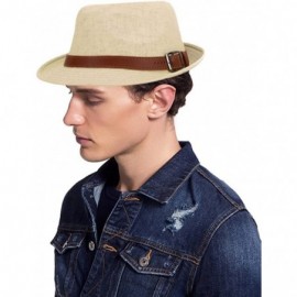 Fedoras Mens Womens Short Brim Structured Straw Fedora Hat Summer Sun Hat - Natural Hat Brown Belt - CU18COG3K7G $11.96