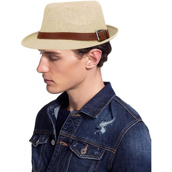 Fedoras Mens Womens Short Brim Structured Straw Fedora Hat Summer Sun Hat - Natural Hat Brown Belt - CU18COG3K7G $11.96