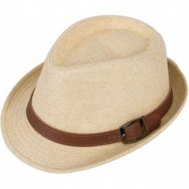 Fedoras Mens Womens Short Brim Structured Straw Fedora Hat Summer Sun Hat - Natural Hat Brown Belt - CU18COG3K7G $11.96