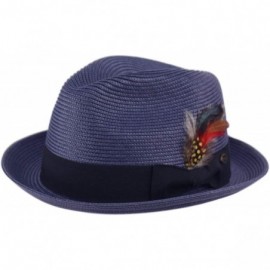 Fedoras Men's Handsome Feather Derby Fedora Tall Crown Upturn Curl Brim Hat - Navy - CK18Q040SNL $22.76