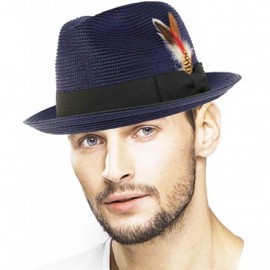 Fedoras Men's Handsome Feather Derby Fedora Tall Crown Upturn Curl Brim Hat - Navy - CK18Q040SNL $22.76