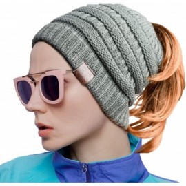 Skullies & Beanies Women Ponytail Beanie Messy Bun Style Hat Stretchy Cable Knit Wool Slouchy Skull Winter - Grey - CG18L7W9U...