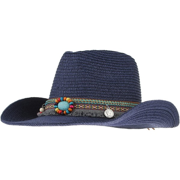 Cowboy Hats Men Women Woven Straw Cowboy Hat National Wind Jazz Hat Cap - Blue - CH183Q3H8RA $21.69