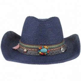 Cowboy Hats Men Women Woven Straw Cowboy Hat National Wind Jazz Hat Cap - Blue - CH183Q3H8RA $13.41