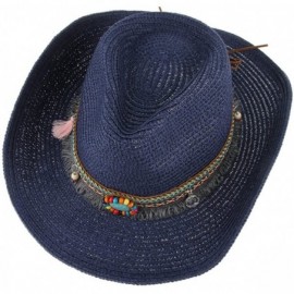 Cowboy Hats Men Women Woven Straw Cowboy Hat National Wind Jazz Hat Cap - Blue - CH183Q3H8RA $21.69