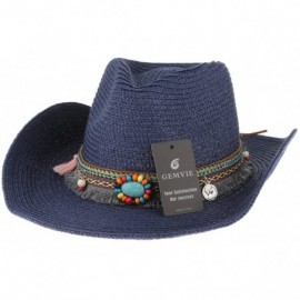 Cowboy Hats Men Women Woven Straw Cowboy Hat National Wind Jazz Hat Cap - Blue - CH183Q3H8RA $13.41