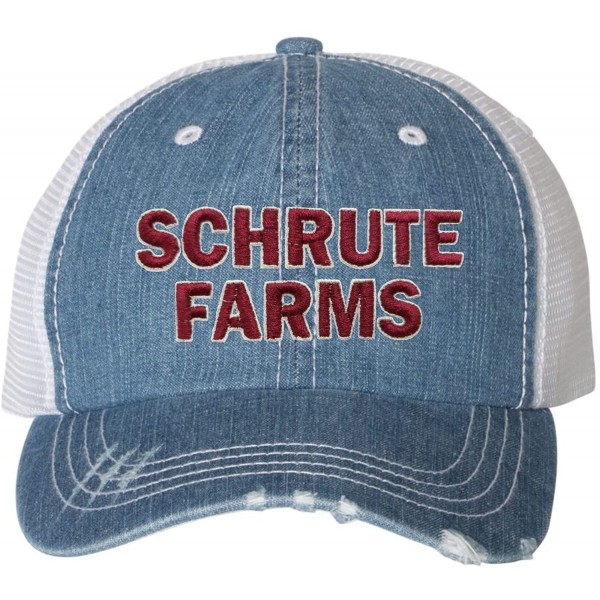 Baseball Caps Adult Schrute Farms Embroidered Distressed Trucker Cap - Blue Denim/ White - C218C7DXDON $27.86
