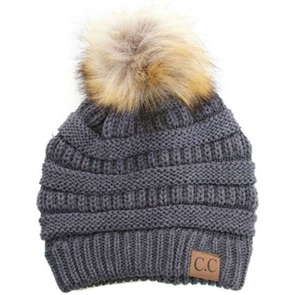 Skullies & Beanies Soft Stretch Cable Knit Ribbed Faux Fur Pom Pom Beanie Hat - Dark Grey - CL12JSM8S97 $16.21