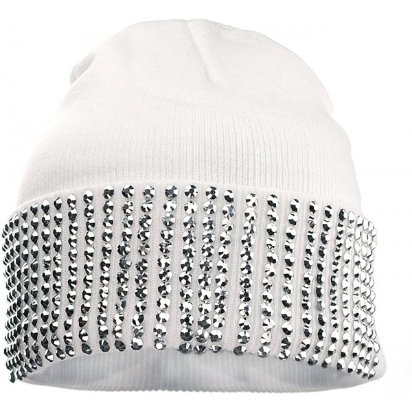 Skullies & Beanies Solid Color Rhinestone Studded Retro Winter Warm Cuff Skull Ski Cap Beanie Hat - White - CF129I19FDB $14.19