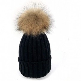 Skullies & Beanies Women Cable Knit Beanie Raccoon Fur Fuzzy Pompom Chunky Winter Stretch Skull Cap Cuff Hat - 09black - C018...