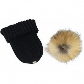 Skullies & Beanies Women Cable Knit Beanie Raccoon Fur Fuzzy Pompom Chunky Winter Stretch Skull Cap Cuff Hat - 09black - C018...